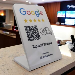 google review stand on hotel counter